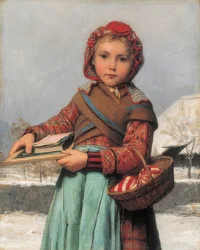 Skolflicka med griffeltavla och sykorg, 1878