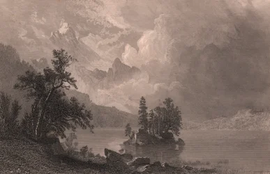 Vy över Lake Esther, Sierra Nevada, Kalifornien, USA, stålstick av Robert Hinshelwood (1812-efter 1875) efter målning av Albert Bierstadt (1830-1902), cirka 19x14 cm