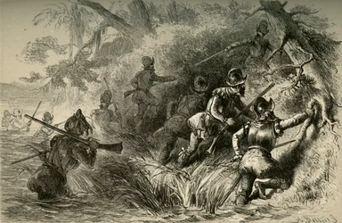 Fransmän fortsätter att attackera det spanska fortet på St. Johns, 1877.
