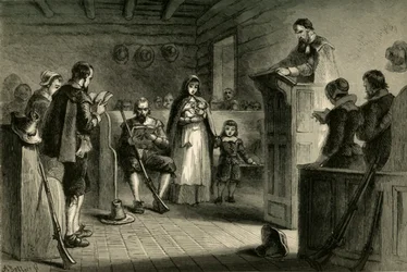 Offentlig gudstjänst i Plymouth av pilgrimerna, 1877.
