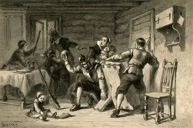 Puritaner barrikaderar sitt hus mot indianer, 1877.