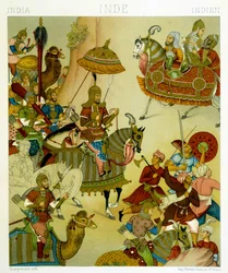 1500-talets krigsdräkter i Indien. Kromolitografisk platta - i "" Le costume historique"" av Racinet