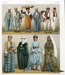 Turkiska dräkter från 1800-talet. Illustration i "Le costume historique"" av Racinet