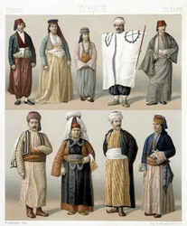 Turkiska dräkter från 1800-talet. Illustration i "Le costume historique"" av Racinet