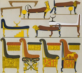 Forntida egyptiska möbler, litografi av Spiegel, från Le Costume Historique ( History of Costumes), Vol II, av Auguste Racinet