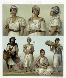 Kostymer och huvudbonader av kabylkvinnor (överst). Tunisiska och algeriska dräkter (nederst). Illustration i "" Le costume historique"" av Racinet
