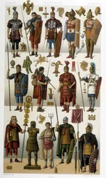 Kostymer, rustningar och vapen av romerska soldater, krigare och gladiatorer från antiken - i "" Den historiska kostymen"" av Racinet