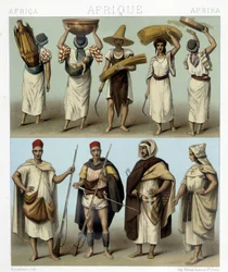 Kostymer från Algeriet och Tunisien. Illustration i "Le costume historique"" av Racinet