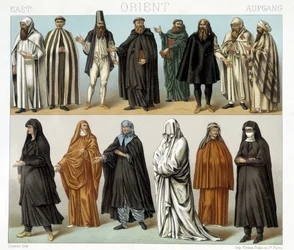 Dräkter av munkar och religiösa i Mellanöstern på 1800-talet. Illustration i "" Le costume historique"" av Racinet