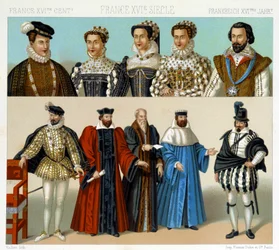 Dräkter för adelsmän och magistrater i Frankrike på 1600-talet. Kromolitografisk plansch - i ”Le costume historique” av Racinet