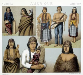 Kaliforniska indianernas kostymer. Illustration i "Den historiska kostymen" av Racinet