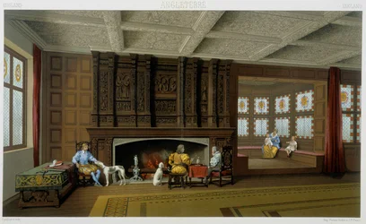 Engelsk lord och hans familj i hans 1600-talshem. Kromolitografisk platta - i "" Le costume historique"" av Racinet