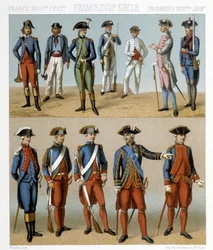 Franska militärdräkter på 1700-talet. Illustration i "" Le costume historique"" av Racinet