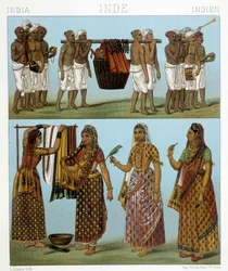 Begravning (överst på bilden) och tvätt (nederst på bilden) i Indien. Illustration i "" Le costume historique"" av Racinet