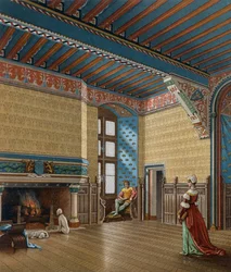 Interiör av fransk 1400-talsbostad, litografi av Charpentier från Le Costume historique (The Complete Costume History)