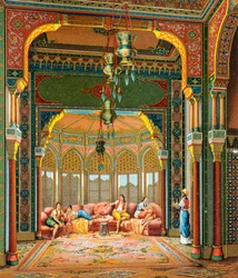 Interiör av turkisk byggnad, Illustration från Complete Costume History av Auguste Racinet