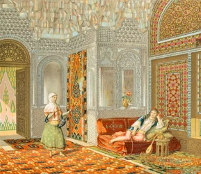 Interiör av ett persiskt rum, Illustration från Complete Costume History av Auguste Racinet