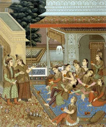 Interiör av ett hus i Indien med många kvinnor - i "" Den historiska kostymen"" av Racinet