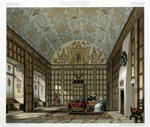 Interiör av ett ståtligt hus i England på 1600-talet. Illustration i "" Le costume historique"" av Racinet
