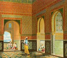 Interiör i en välbärgad mors bostad, illustration ur Auguste Racinets Fullständiga dräkthistoria