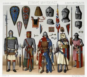 Militära dräkter och hjälmar i Frankrike från 1200- till 1400-talen. Illustration i "" Le costume historique"" av Racinet