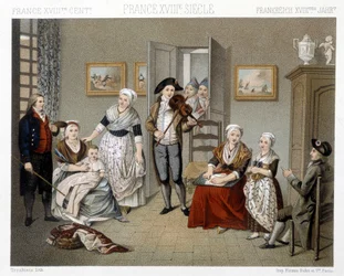 Musiker spelar sitt intrång för en familj inne i ett hus. Illustration i "" Le costume historique"" av Racinet
