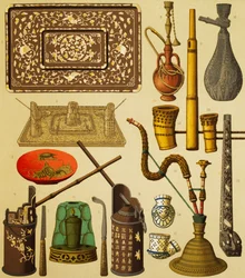 Pipa och föremål som används av rökare, litografi av Schmidt från The Complete Costume History, första volymen, av Auguste Racinet (1825-1893), Paris