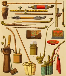 Pipa och föremål som används av rökare, litografi av Schmidt från The Complete Costume History, första volymen, av Auguste Racinet (1825-1893), Paris