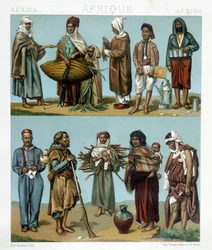Populära dräkter i Afrika. Illustration i "Den historiska kostymen"" av Racinet