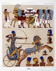 Reproduktion av fresker av det antika Egypten inklusive Ramses II på hans tank - i "Den historiska kostymen"" av Racinet