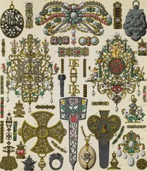 Smycken från 1600-talet, litografi av Schmidt publicerade i Le costume historique, volym V
