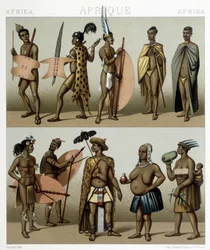 Traditionell Cafrerie-dräkt (Meridional del av Afrika). Illustration i "" Le costume historique"" av Racinet