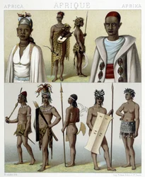 Traditionella dräkter och smycken från Timbuktu och Upper Nile. Illustration i "" Le costume historique"" av Racinet