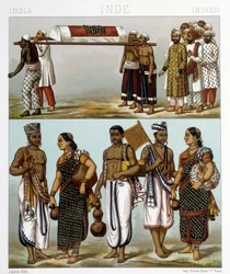 Traditionella dräkter av muslimer (överst på bilden) och hinduer (nederst) som bor i Indien. Illustration i "" Le costume historique"" av Racinet
