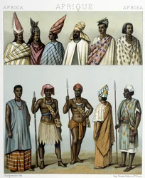 Traditionella dräkter i Senegal. Illustration i "Le costume historique"" av Racinet