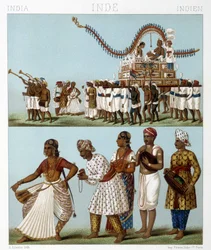 Transport, musik, dans och traditionella kostymer i Indien. Illustration i "" Le costume historique"" av Racinet