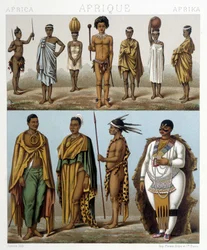 Olika män från södra Afrika. Illustration i "Le costume historique"" av Racinet