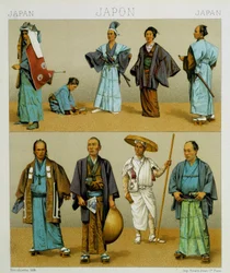 Olika traditionella japanska herrkostymer inklusive kimono. Kromolitografisk platta - i "" Le costume historique"" av Racinet