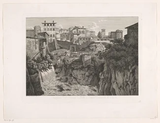 Utsikt över Tivoli, med Vestatemplet i fjärran Situazione del Tempio di Vesta a Tivoli dirimpetto la Cascata (titel på objekt) Malay radirte Prospekte aus Italien (serietitel)