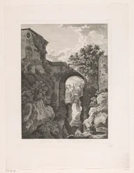 Vattenfall nära San Rocco-bron i Tivoli Cascata, och Ponte di St. Rocco a Tivoli (titel på objekt) Pittoreska etsade broschyrer från Italien (serietitel)