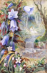 "Landskap av Arcadia, representerat som lyckans land. En kvinna sitter vid en bäck och en nyckelpiga vilar på en växt. Målning av Albert Durer Lucas (1828-1918) 1880 Privat samling