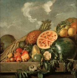Stilleben med ananas, melon och andra tropiska frukter