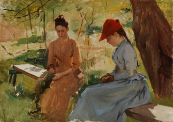 Flickor som binder girlander - konstnärens systrar Annie och Berta som binder girlander, studie
