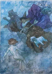Alla skrålande och skrikande åt honom "look ahead, only look ahead", från The Water Babies pub. av Humphrey Milford Oxford University Press, c.1930 (färg litho)