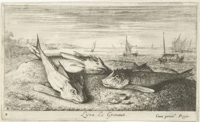 Tre saltvattenfiskar på stranden Lyta, Legrenaut. (titel på objekt) Fiskar och andra havsdjur - saltvatten första serie (serietitel) Diverses Especes de Poissons de mer (serietitel)