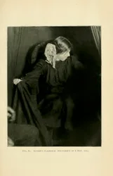 Eva Carrière producerar ektoplasma, Paris, 8 maj 1912, ur ”Materialisationsfenomen: ett bidrag till undersökningen av mediumistisk teleplastik” av Albert von Schrenck-Notzing