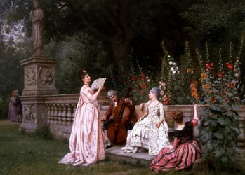 Konversation i trädgården. Tre kvinnor vid en balustrad lyssnar till en cellists musik medan ett par på baksidan av trädgården samtalar (förförelse). Målning av Albert Girard (1839-1920, Frankrike) Privat samling