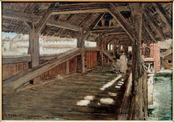 Bron för de dödas dans (Spreuerbrucke) i Lucerne. Målning av Albert Goodwin (1845-1932). Olja på duk. Privat samling.