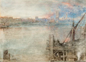 Westminster med Houses of Parliament i solnedgången (penna  svart bläck  akvarell med skrapning på papper)