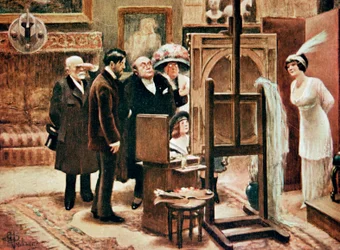 en målare som visar sin målning, c. 1920 (tryck)